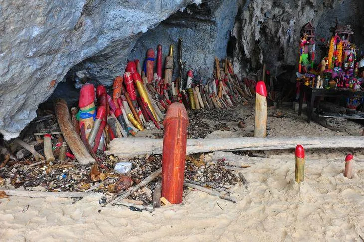 The Phallic Shrine and Phra Nang Beach — phalluses only accessible by boat (Krabi, Thailand) The Phallic Shrine and Phra Nang Beach — phalluses only accessible by boat (Krabi, Thailand) - Thailand -